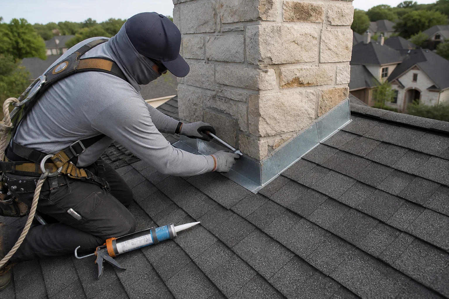 Roofing specialist repairing chimney flashing on a shingle roof