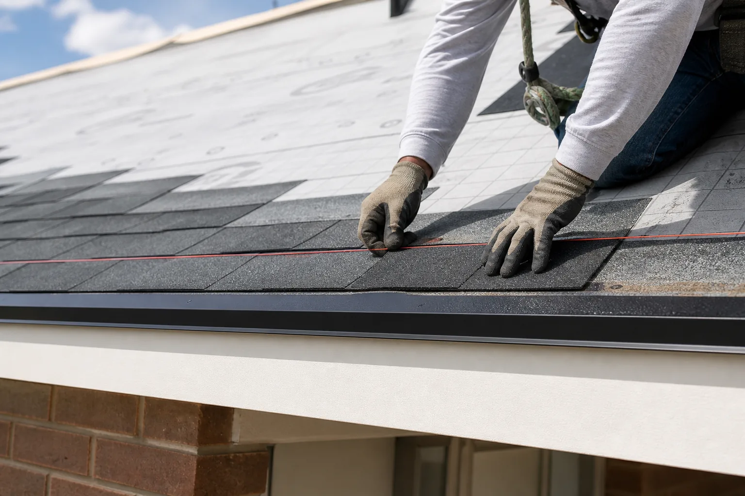 Close view of underlayment, drip edge, starter course, and shingles at a roof eave
