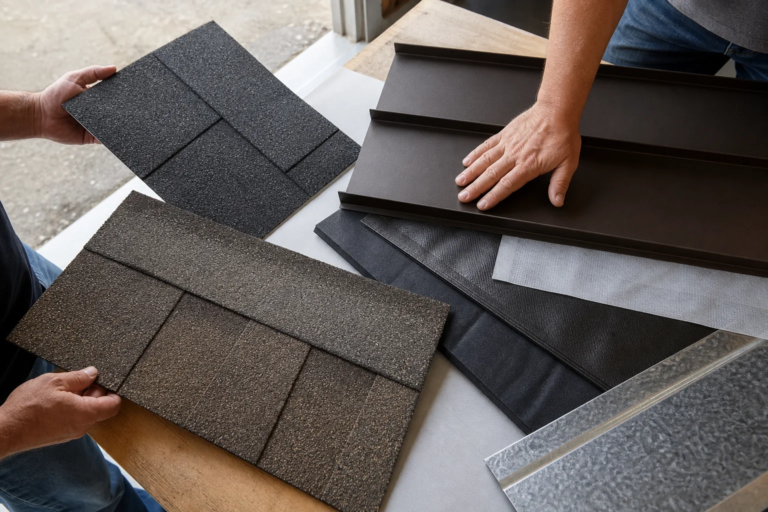 Roofing material samples compared on a worktable