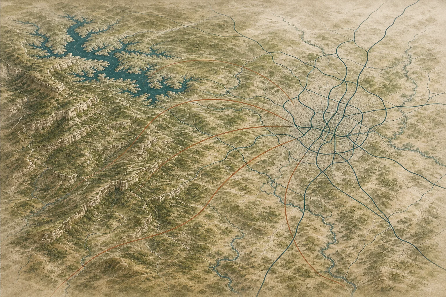 Oblique relief map of service routes spanning Austin, Lakeway, Dripping Springs, and Buda
