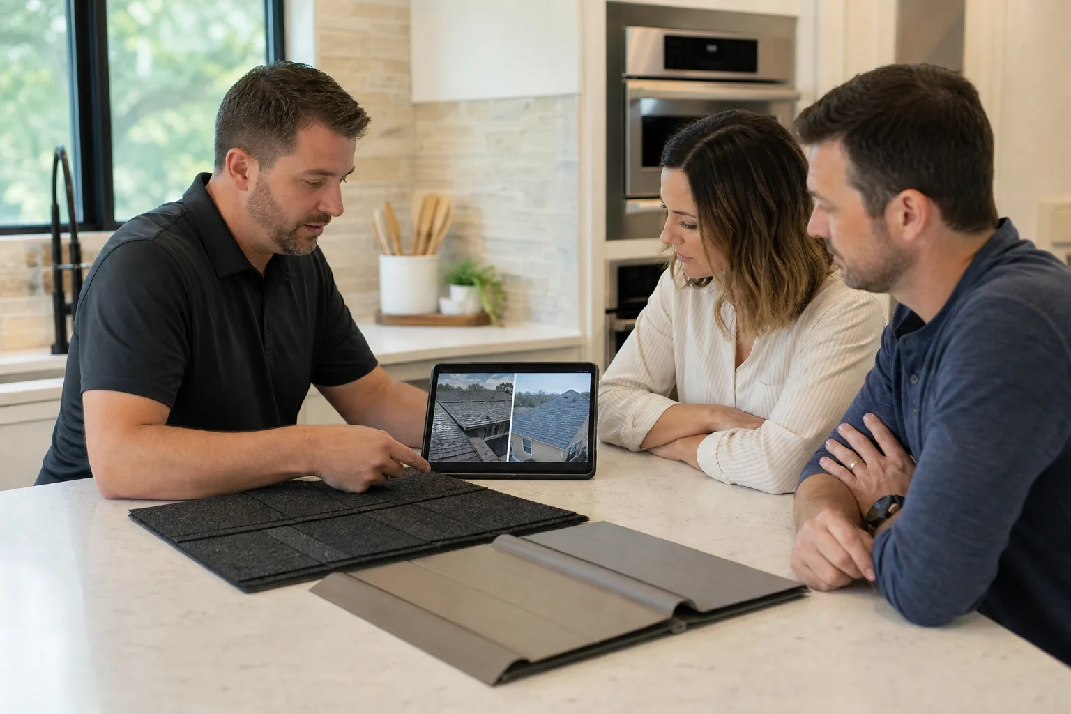 Roofing advisor comparing repair and replacement options with a homeowner