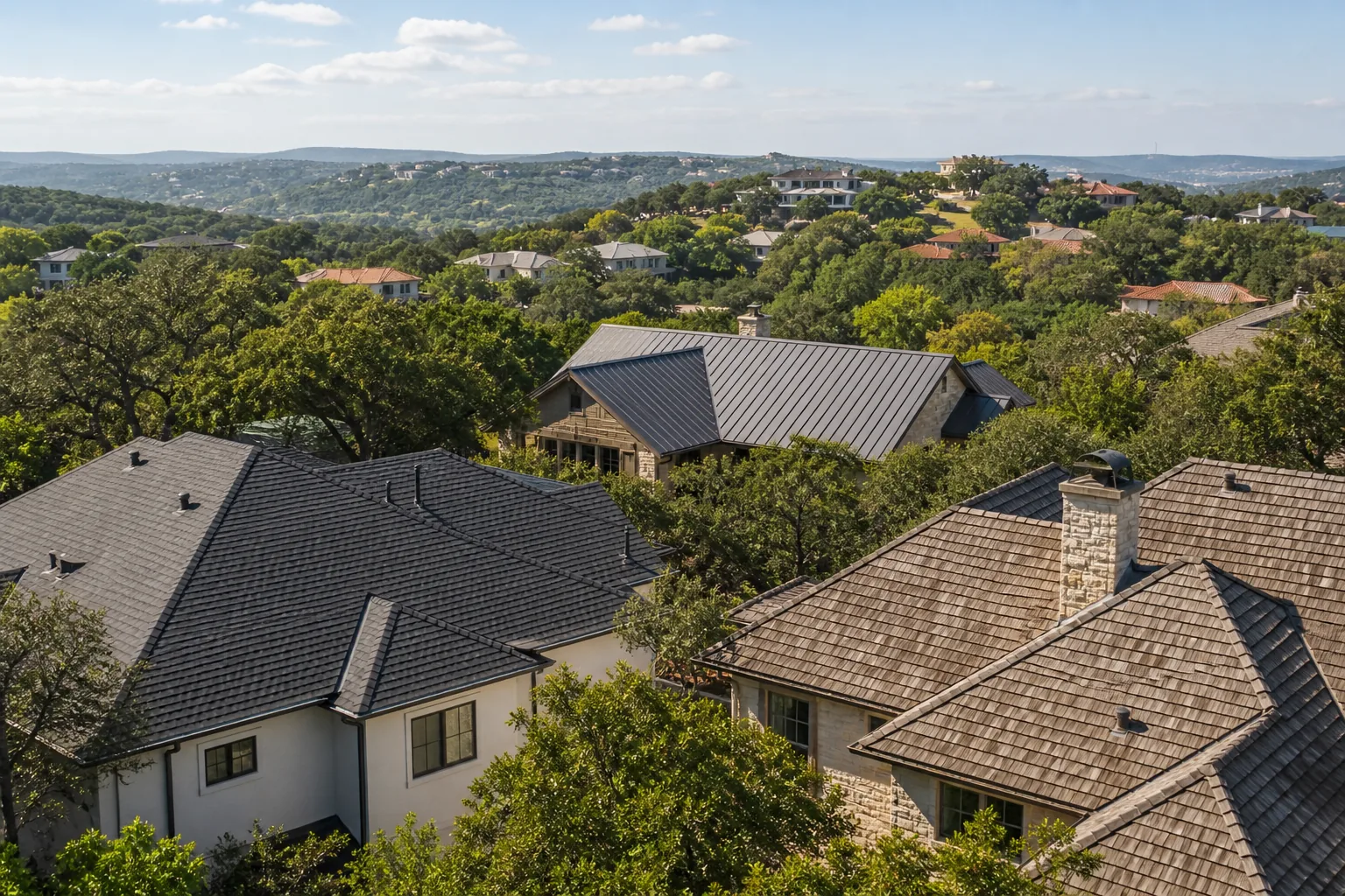 Austin neighborhood showing a range of well-built residential roof systems