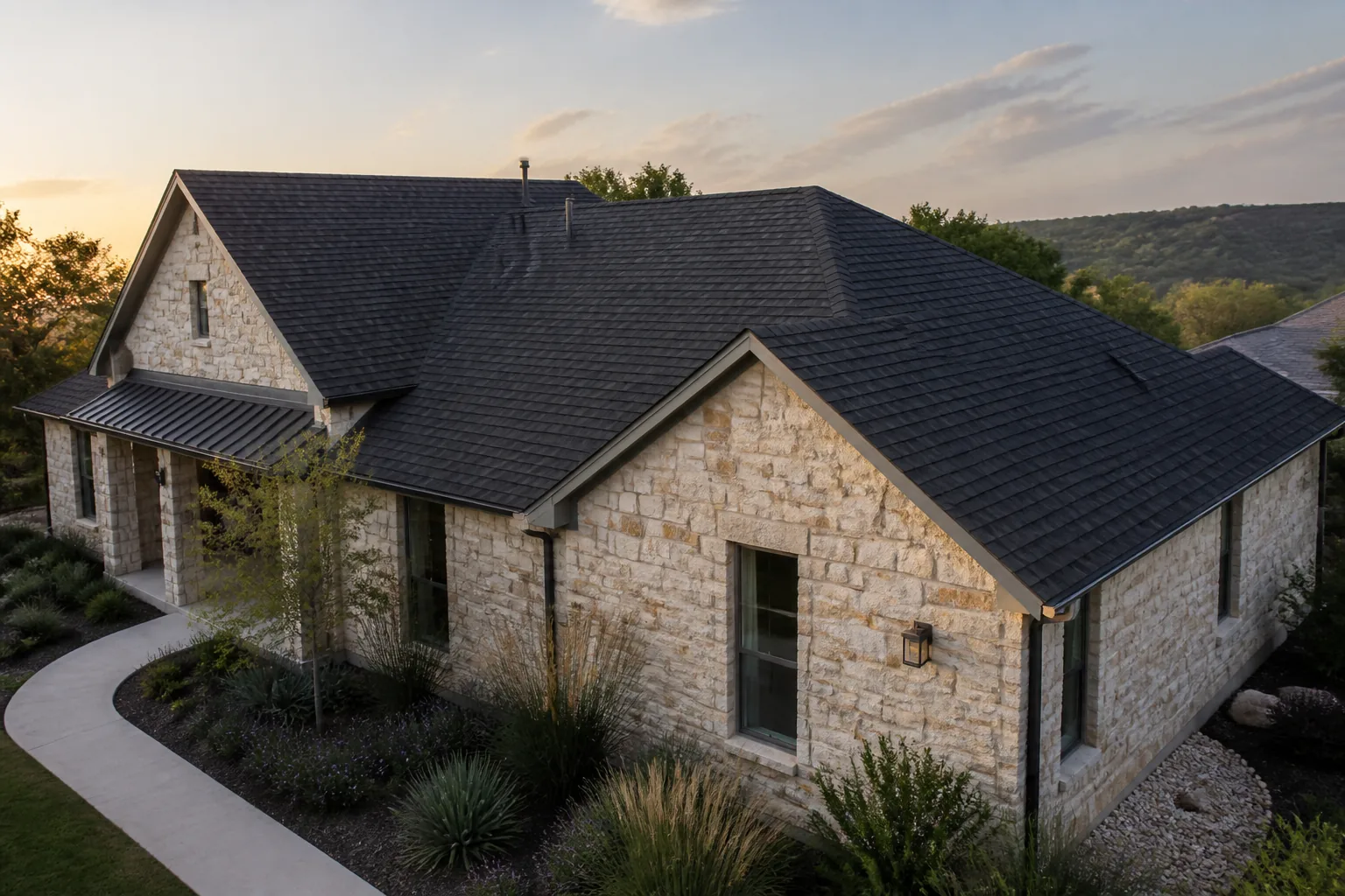 Completed architectural shingle roof on a bright Central Texas home