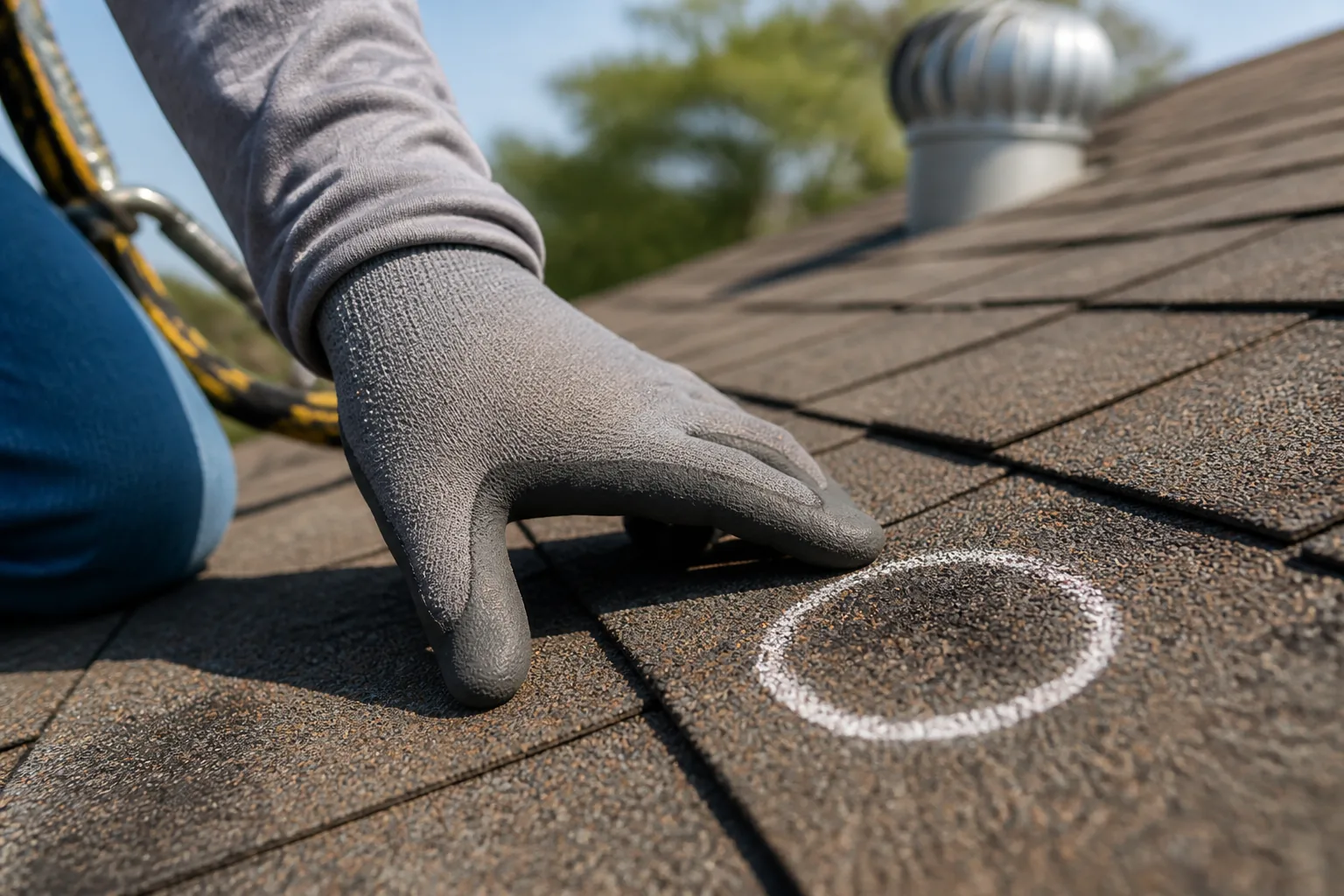 Close inspection view of a hail bruise and granule displacement on an asphalt shingle